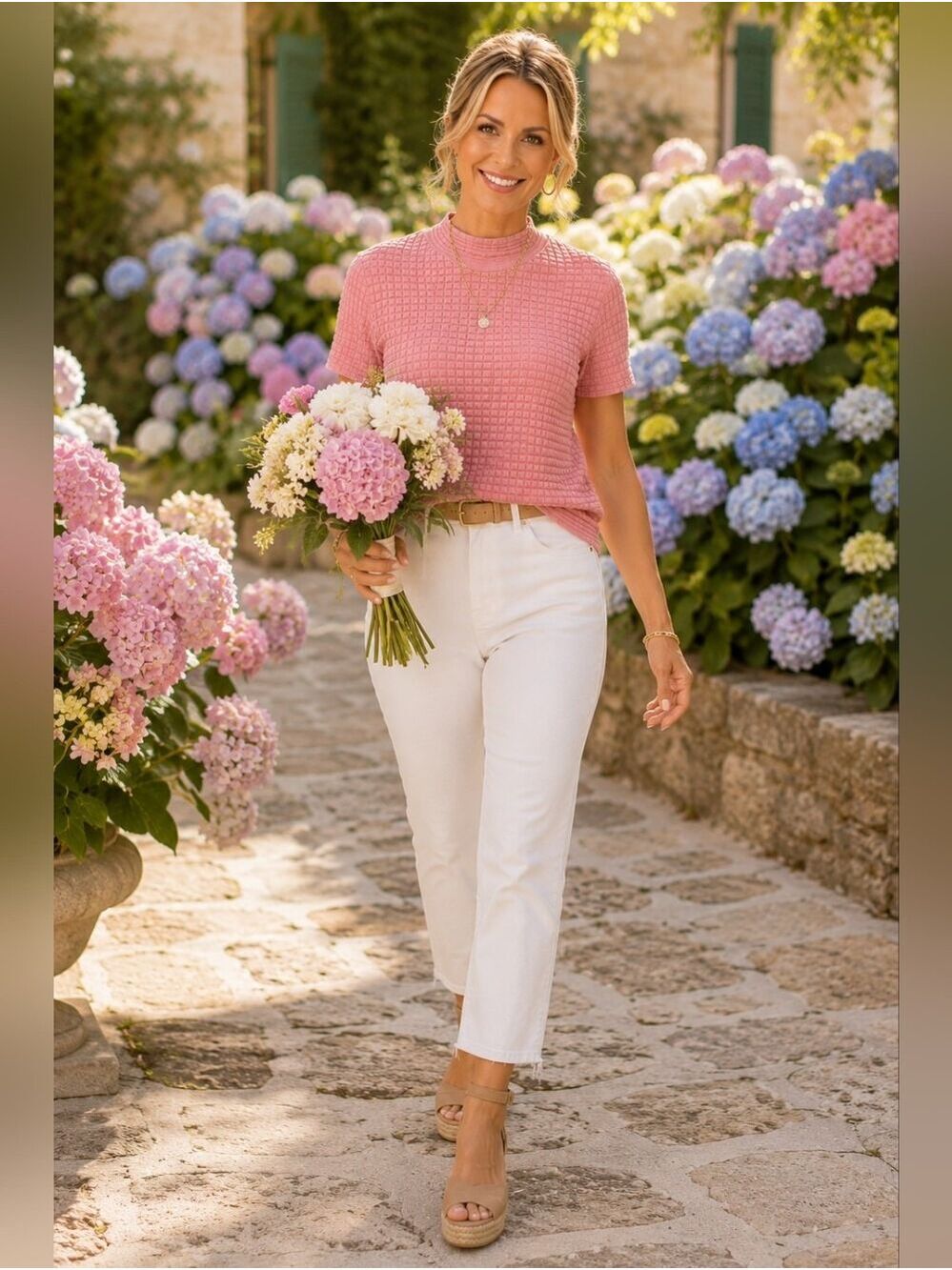 Boutique Pink Textured Shimmer Mock Neck Knit Top